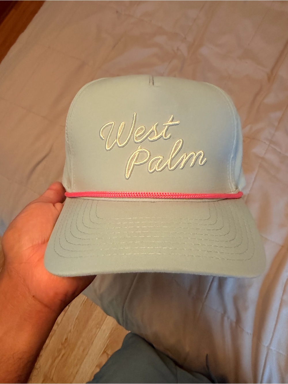 Redvanly 5 PanelWest Palm Embroidered Trucker Hat in Light Blue with Pink Accent